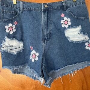T. SHEIN Blue Denim Shorts with Pink & White Flower Embroidery